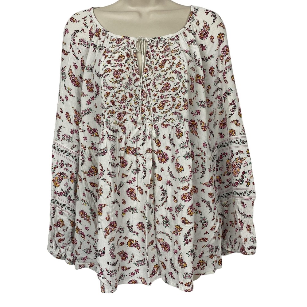 Old Navy Top Womens XL White Dainty Floral Peasant Boho Crinkle Gauzy Romantic